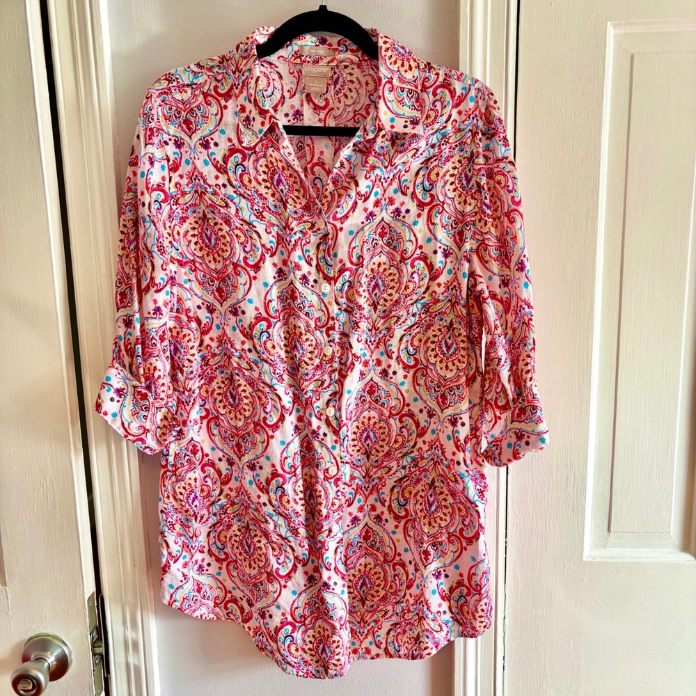 Chico's Women Size 1 M Pink Paisley Linen Button Down Shirt 3/4 Roll Tab Sleeve